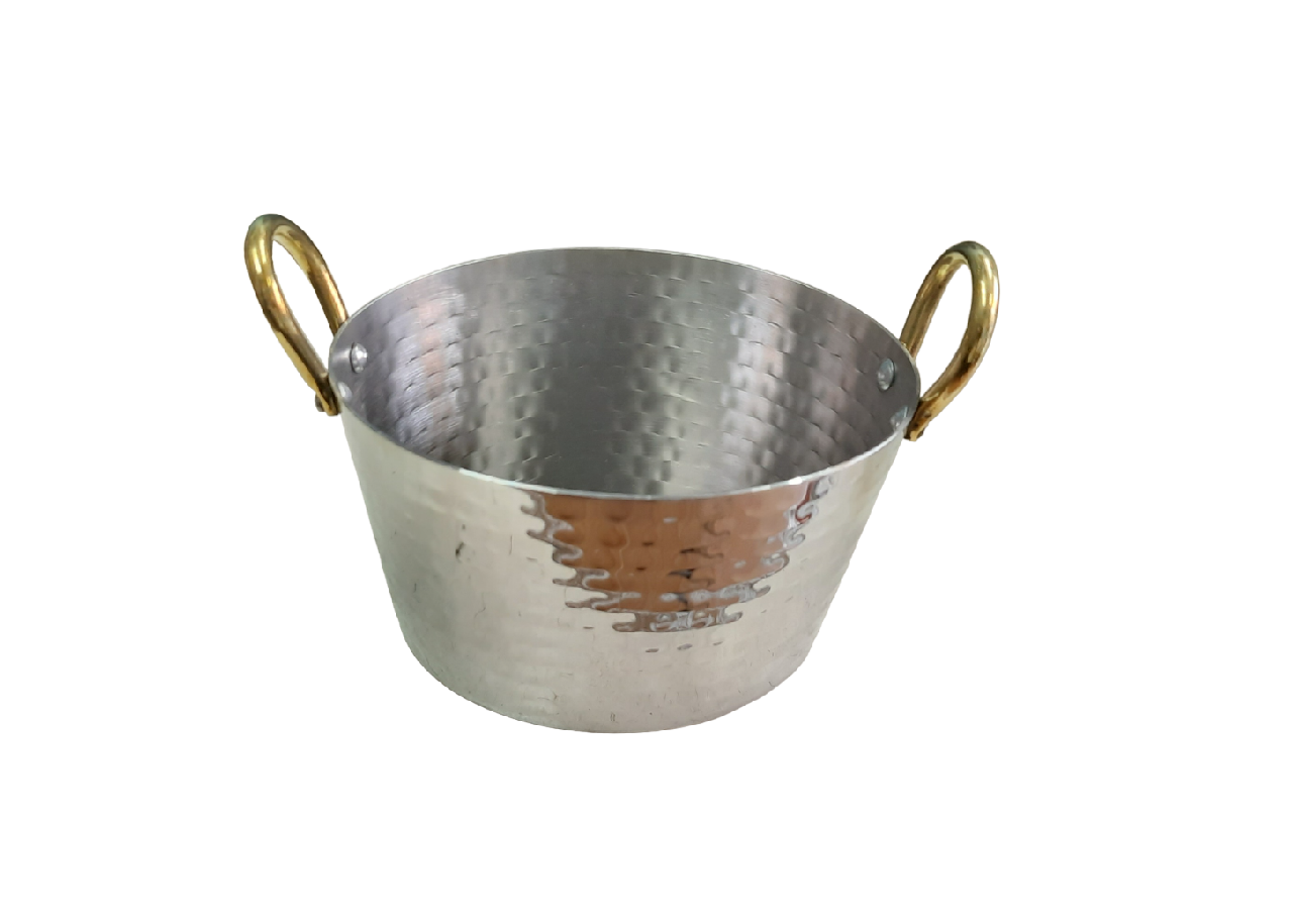 Stainless Steel Hammered Oval Serving Bowl with Double Sided Brass Handle 1 500 ML