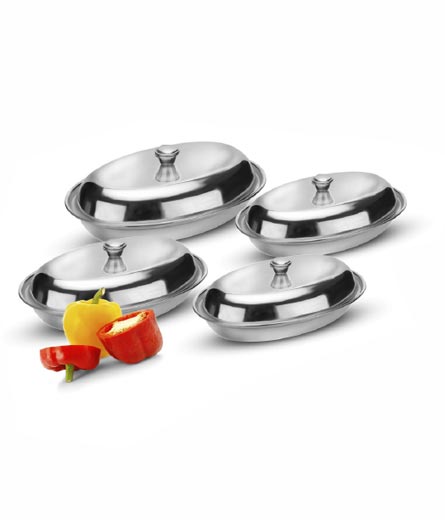 Stainless Steel Oval Shape Serving Dish Set with Lid, 300 ml, 350 ml, 600 ml 750 ml