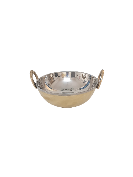 Hammered Brass / Stainless Steel Serving Kadai Bowl, #2, 525 ML, D/W, Two Sided Brass Handles