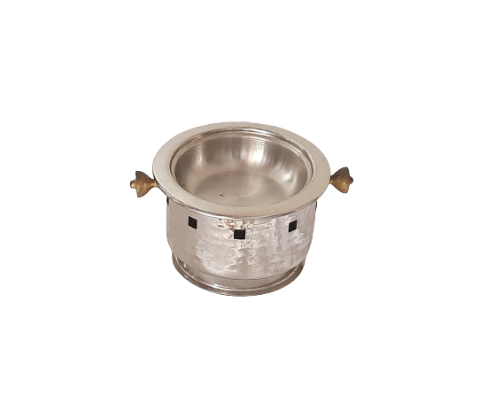 Stainless Steel Hammered Round Snack Warmer with Serving Tray, Brass Handles, 6