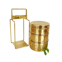 Charger l&#39;image dans la galerie, Brass Hand Beaten Serving Tiffin, 3 Tier, Heavy Duty
