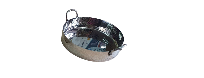 Stainless Steel Hammered Round Flat Serving Pan, #1, 300 ML, Steel Handle