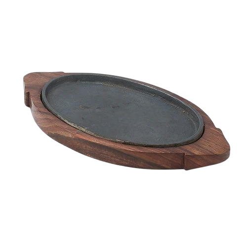 Cast Iron Oval Sizzler, Wooden Base / Platter, Heavy Duty, Huge Size, 19