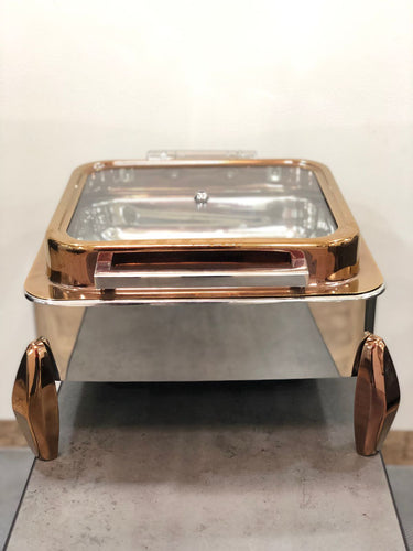 Stainless Steel Rose Gold Finish Hydraulic Chafing Dish, Square, 7 Liters, Glass Lid