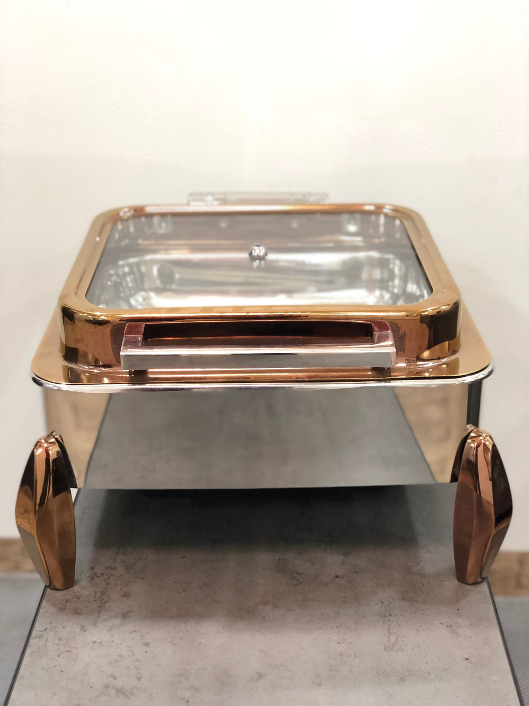 Stainless Steel Rose Gold Finish Hydraulic Chafing Dish, Square, 7 Liters, Glass Lid