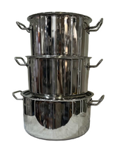 Charger l&#39;image dans la galerie, Stainless Steel Stock Pot for Cooking &amp; Storing, Set of 3, 26cm, 28cm, 32cm, 5L, 8L, 11L, Heavy Duty, Inner Matt Finish, Steel Handles
