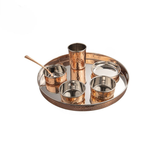 Copper Stainless Steel Thali set, Double wall, hammered finish