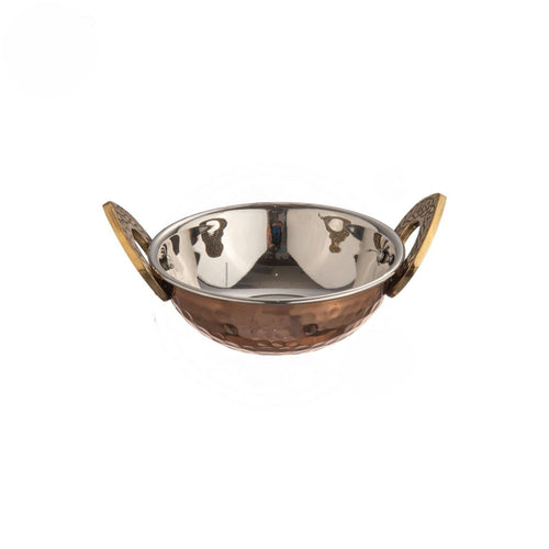 Copper Steel Serving Karahi, brass handle, hammered finish