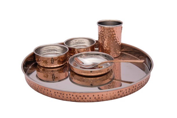 Hammered Round Stainless Steel / Copper Thali or Dinner Set, Two-Tone, Double Wall, 13