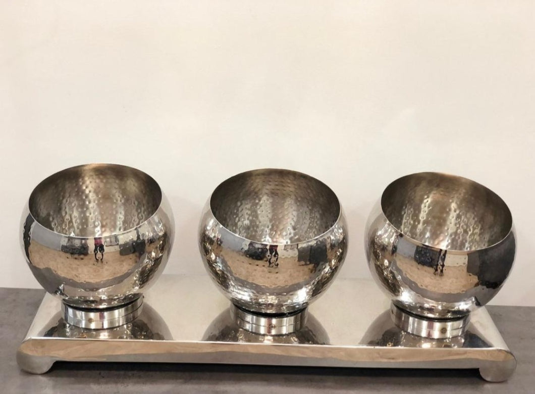 Stainless Steel Hammered Pani Puri Matka Set, 3 in 1, Buffet Display