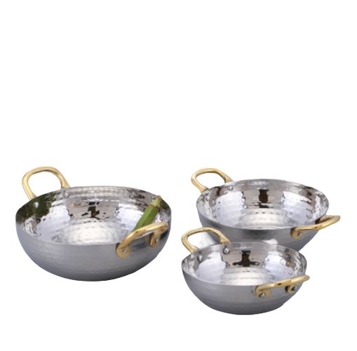 Stainless Steel Hammered Serving Kadhai Pan with Both Sided Brass Handle #1, 500 ML