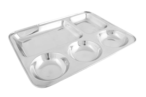 Stainless Steel Square Thali Plate or Mess Tray - 5 Compartments