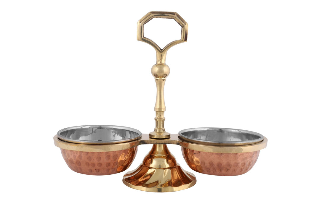 Copper Stainless Steel Hammered Pickle Set - 2 Bowls with Solid Brass Stand, Condiment Set