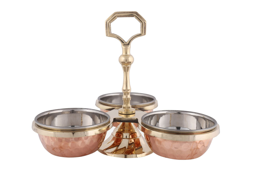 Copper Stainless Steel Hammered Pickle Set with Bowl & Solid Brass Stand - 3 Bowls