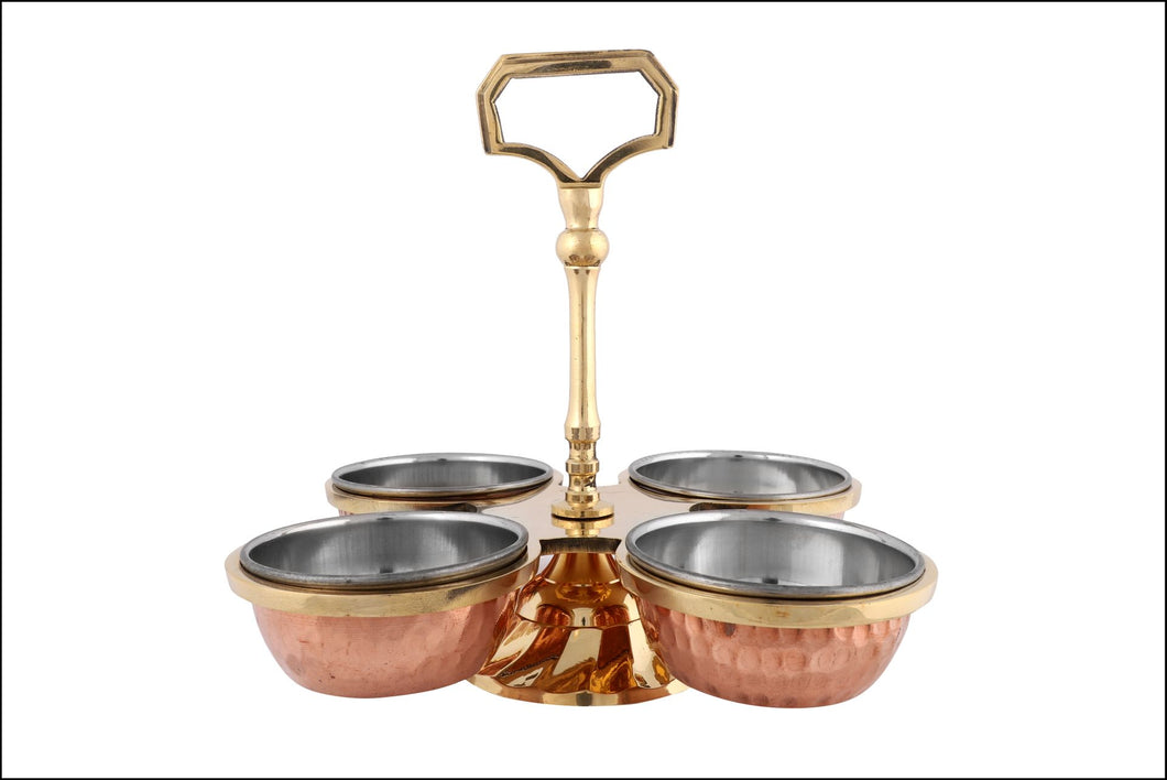 Hammered Copper / Stainless Steel Pickle Set with Bowl & Solid Brass Stand - 4 Bowls