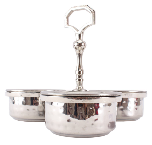 Stainless Steel Hammered Pickle Set with 3 Bowls & Solid Handle