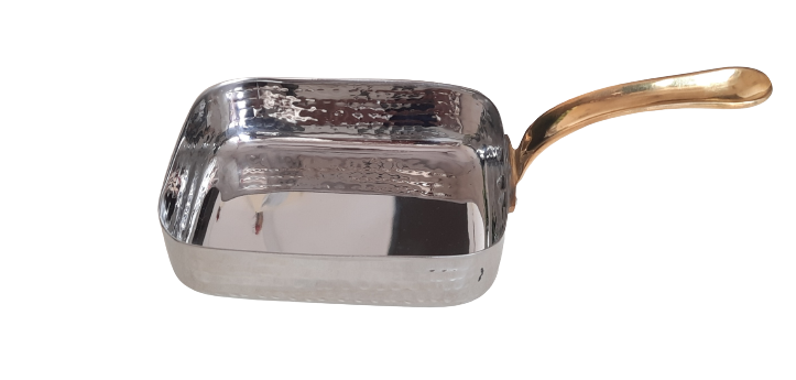 Hammered Stainless Steel Rectangle Shape Serving Pan with Single Brass Handle #2, 700 ML, 6.75