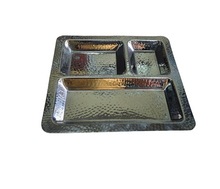 Load image into Gallery viewer, Stainless Steel Hammered 3 Compartment Square Pav Bhaji Plate, 9.5&quot; x 9.5&quot;, Heavy Duty
