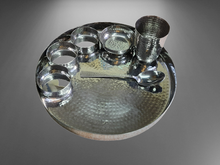 Load image into Gallery viewer, Stainless Steel Hammered Round Thali Set, Set of 7 Pieces, 13&quot;
