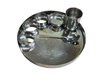 Load image into Gallery viewer, Hammered Stainless Steel Round Thali Set, Set of 7 Pieces, 13&quot;
