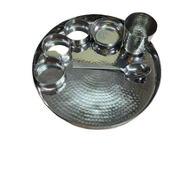 Load image into Gallery viewer, Stainless Steel Hammered Round Thali Set, Set of 7 Pieces, 13&quot; Diamater
