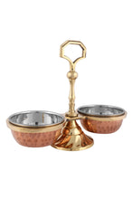 Load image into Gallery viewer, Copper Stainless Steel Hammered Pickle Set - 2 Bowls with Solid Brass Stand, Condiment Set
