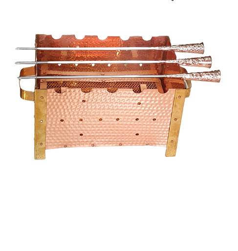 Hammered Copper Tabletop Rectangular Barbeque Grill with Brass Handle & Skewers for Serving