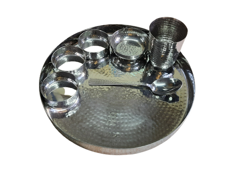 Hammered Stainless Steel Round Thali Set, Set of 7 Pieces, 13