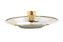 Load image into Gallery viewer, Stainless Steel Hammered Mukhwas tray with tooth-pick Stand, Brass Border, 7&quot;
