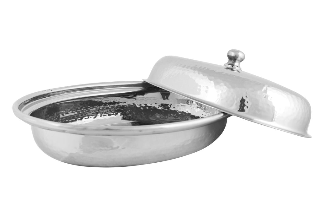 Hammered Oval Shape Serving Bowl Dish with Cover #2, Stainless Steel, 700 ml