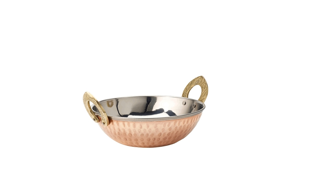 Double Wall Copper/Stainless Steel Hammered Kadhai with Double Sided Brass Handle #4, 950 ml, 7