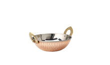 Load image into Gallery viewer, Copper Steel Hammered Serveware Kadhai with Brass Handle #5, 1400 ml, Round, D/W, 7.75&quot;
