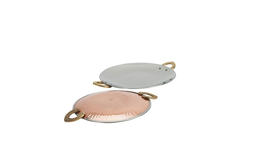 Hammered Copper Stainless Steel Serving Tawa Platter with Brass Handle, 9.25