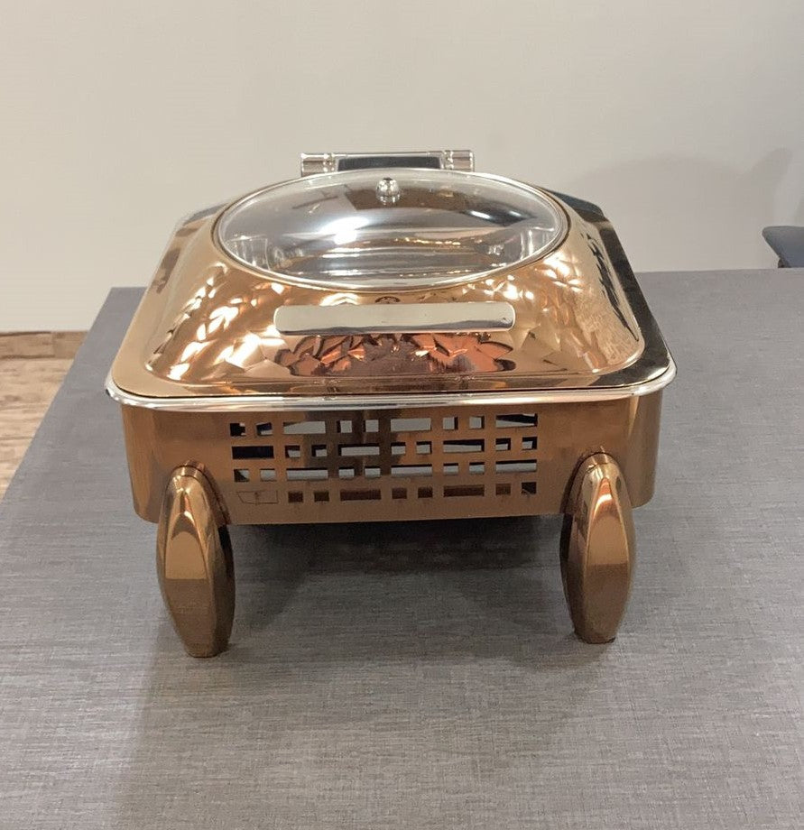 Rose Gold Finish Hydraulic Square Chafing Dish, Stainless Steel, Laser Cut Design, 7 Liters