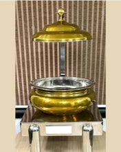 Load image into Gallery viewer, Brass Polish Round Handi Lift-Top Chafing Dish Set with Stand &amp; Hanger, 6 Liters
