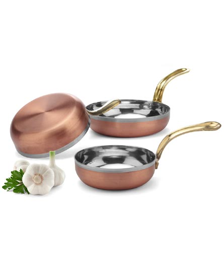 Copper Coating Serving Fry Pan with Brass Handle #2, 475 ML, Stainless Steel