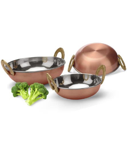 Stainless Steel Copper Polish Serving Kadai Set, 250 ml, 400 ml, 700 ml