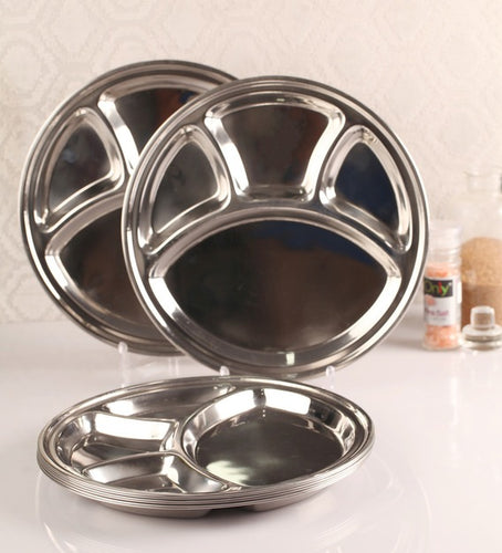 Stainless Steel Round Thali Plate or Mess Tray - 4 Compartments