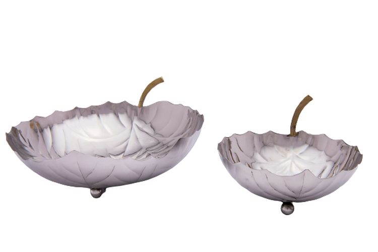 Stainless Steel Flower Shape Decorative Bowl Set with Brass Petiole, Set of 2, 6.5