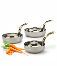 Load image into Gallery viewer, Stainless Steel Serving Fry Pan Set with Brass Handle - 350 ml, 475 ml &amp; 590 ml
