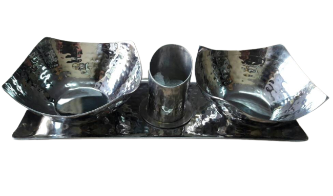 Stainless Steel Hammered Rectangle Mukhwas Tray or Pickle Set with Tooth Pick Stand, 2 Bowls