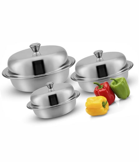 Stainless Steel 18 Gauge Serving Entree Dish Bowl Set with lid, 250 ml, 350 ml & 500 ml