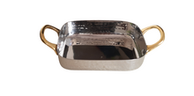 Charger l&#39;image dans la galerie, Stainless Steel Rectangle Flat Serving Pan #1, Hand Beaten Finish, 500 ml, Double Sided Brass Handle
