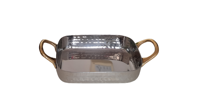 Stainless Steel Rectangle Shape Serving Pan #1, Hammered Finish, 500 ml, Double Sided Brass Handle