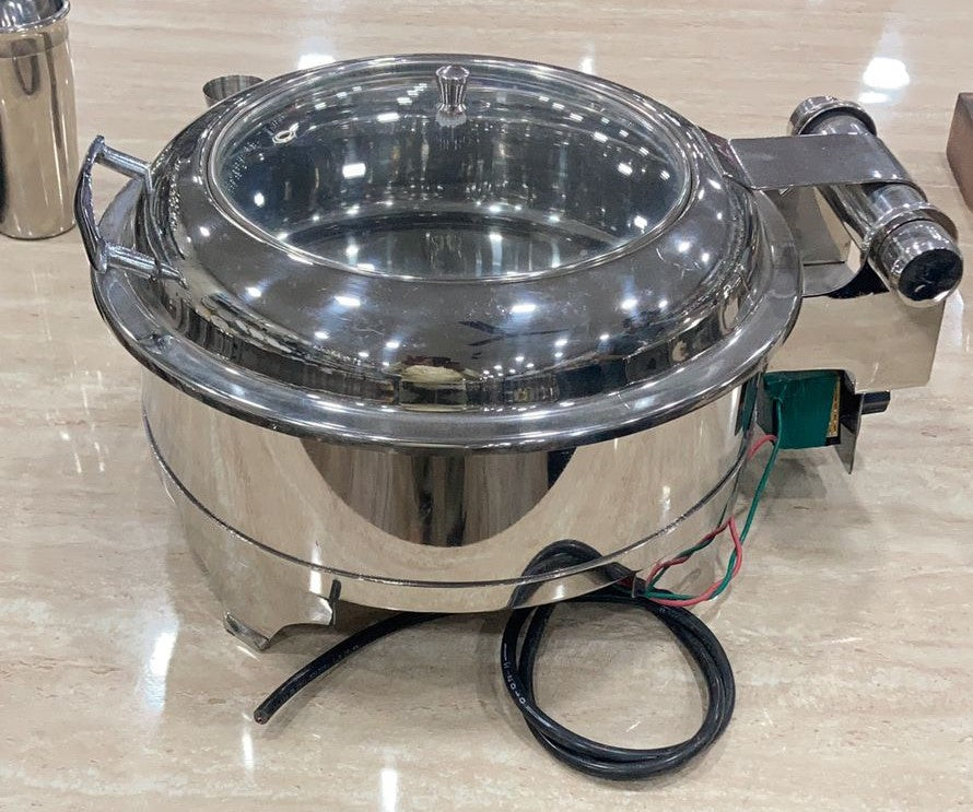 Electric Stainless Steel Round Hydraulic Chafing Dish, 5 Liters, Buffet Supply, Inbuilt Regulator, Glass Lid