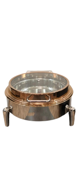 Stainless Steel Round Rose Gold Finish Hydraulic Chafing Dish, 7 Liters, PVD Coating, Glass Lid